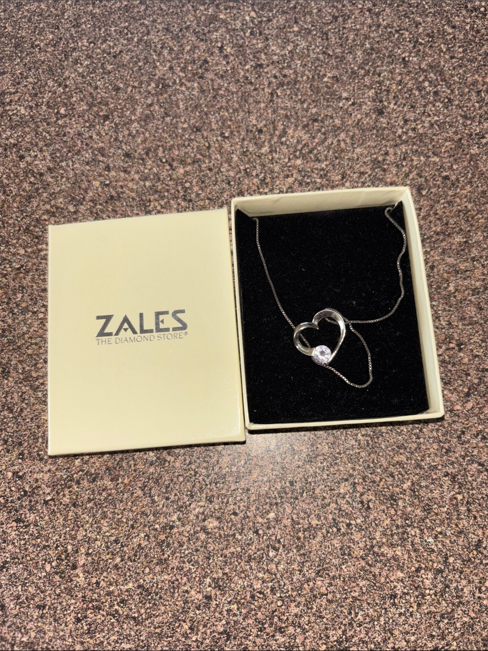 Zales Silver 925 Heart Pendant Necklace with Clear purple Stone Accent